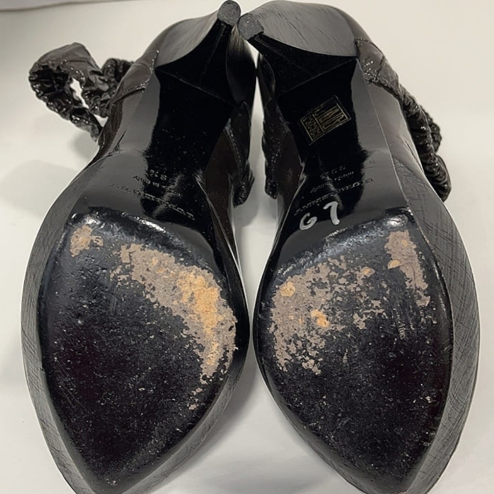 BURBERRY Brown Patnent Leather Curved Heel Peep Toe Pumps Good Condition 39 1/2 - Picture 8 of 11